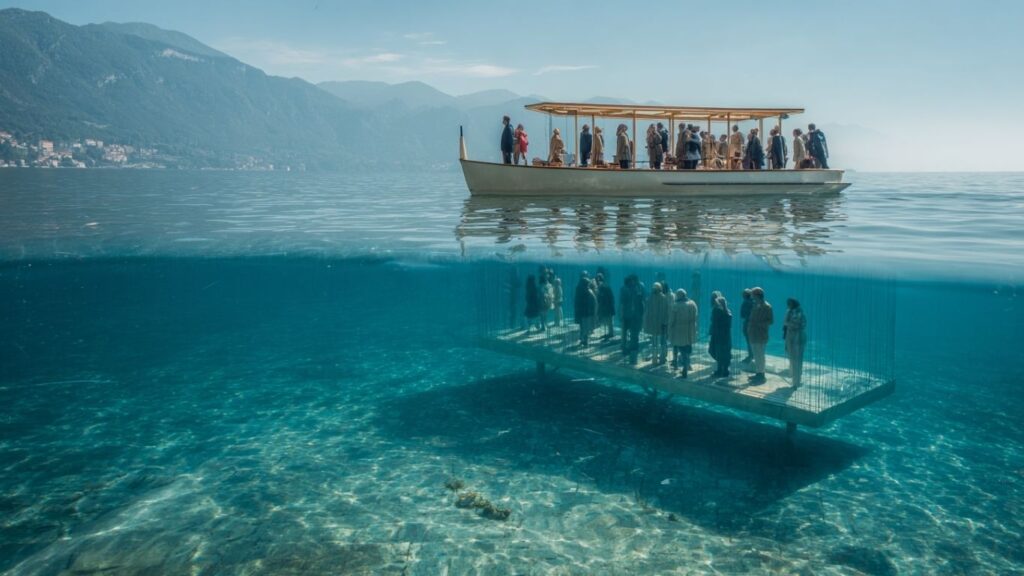 A family enjoying a glass-bottom boat tour at a submerged art site