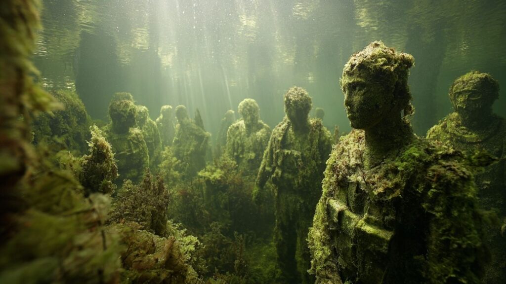 Underwater sculpture with fish swimming around it in clear blue waters