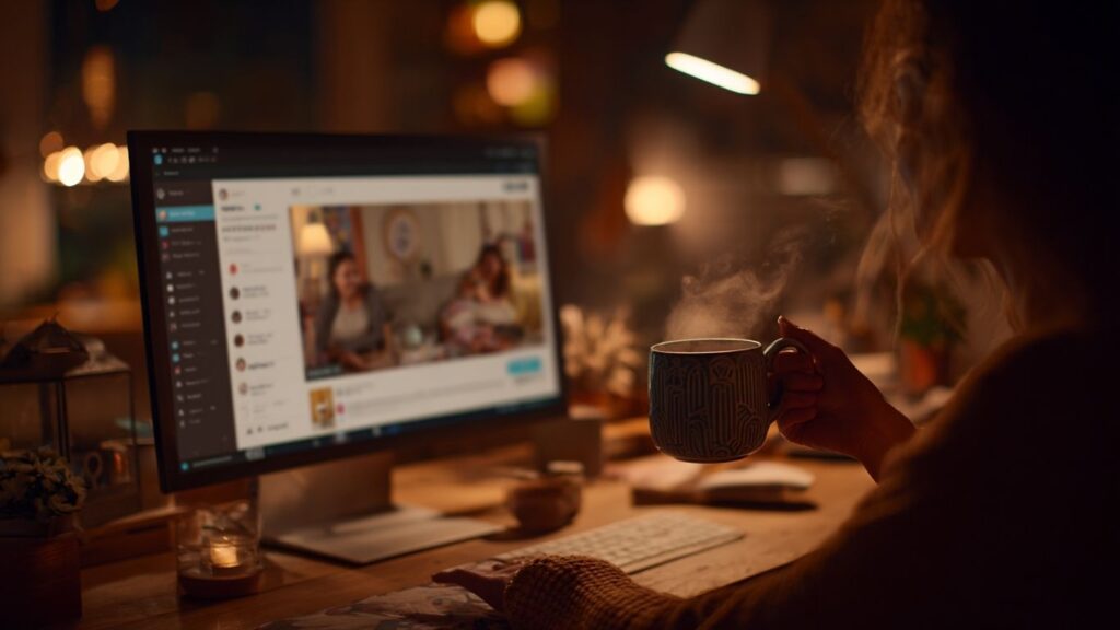 Person using WhatsApp Web at home while sipping coffee.