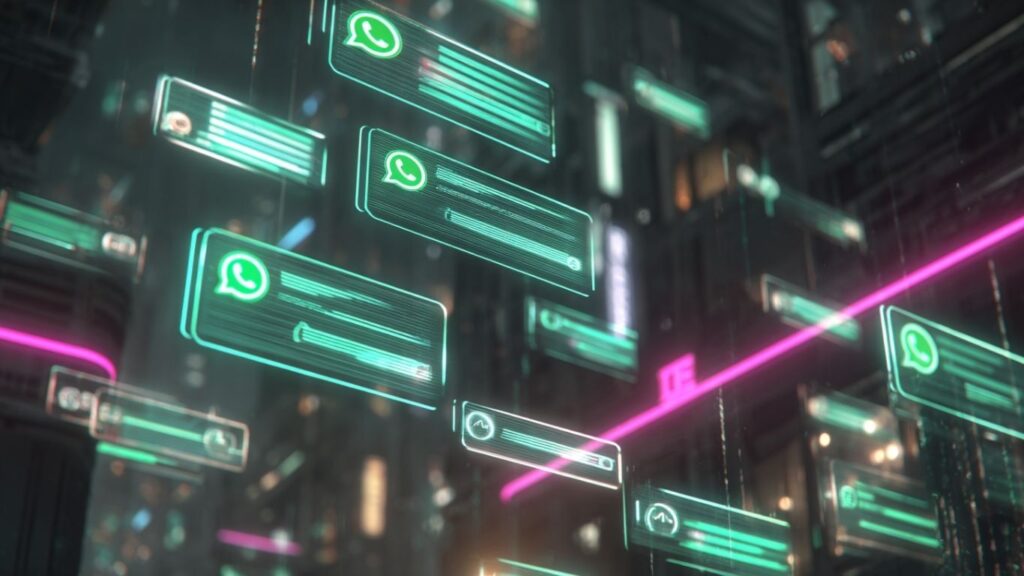 Futuristic WhatsApp Web interface with encryption visuals.