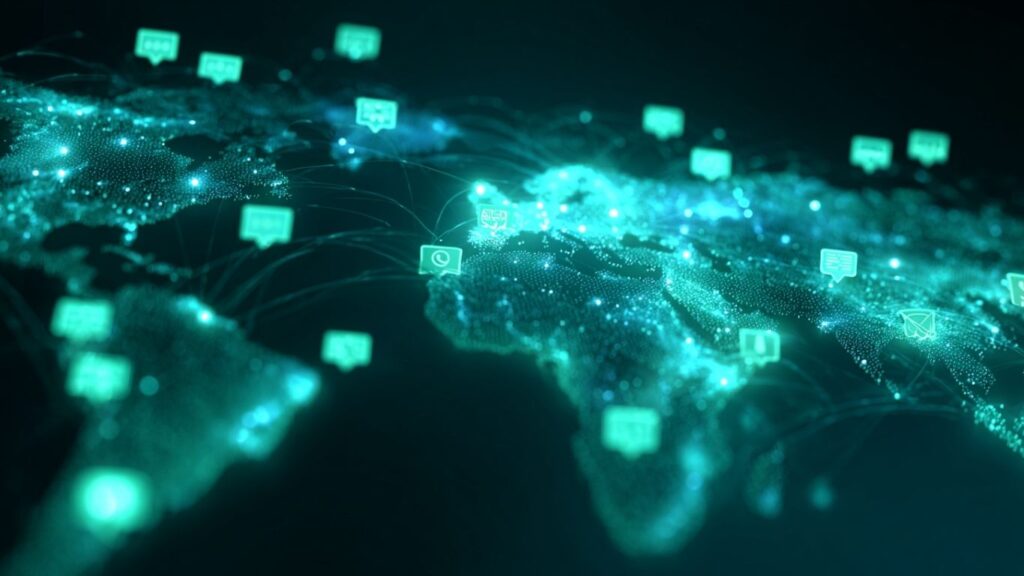 Global map with WhatsApp Web chat bubbles connecting continents.