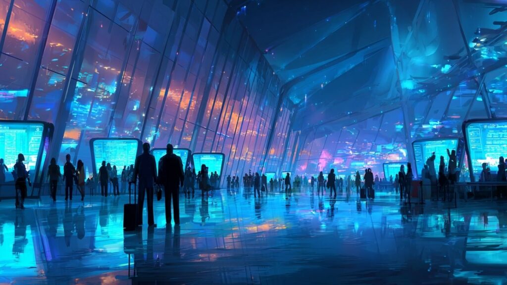 Futuristic airport terminal with holographic AI kiosks assisting travelers.