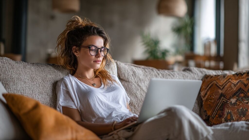 Traveler planning a holiday on laptop with AI-generated itinerary holograms.