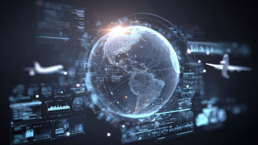 Futuristic AI interface with planes and algorithms circling a glowing globe.