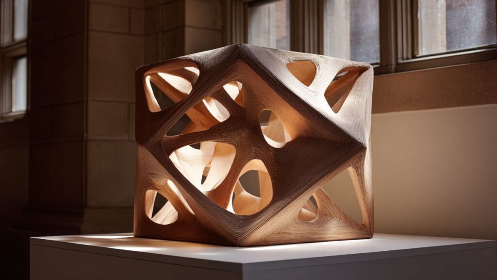 Intricate 3D-printed ceramic component on display
