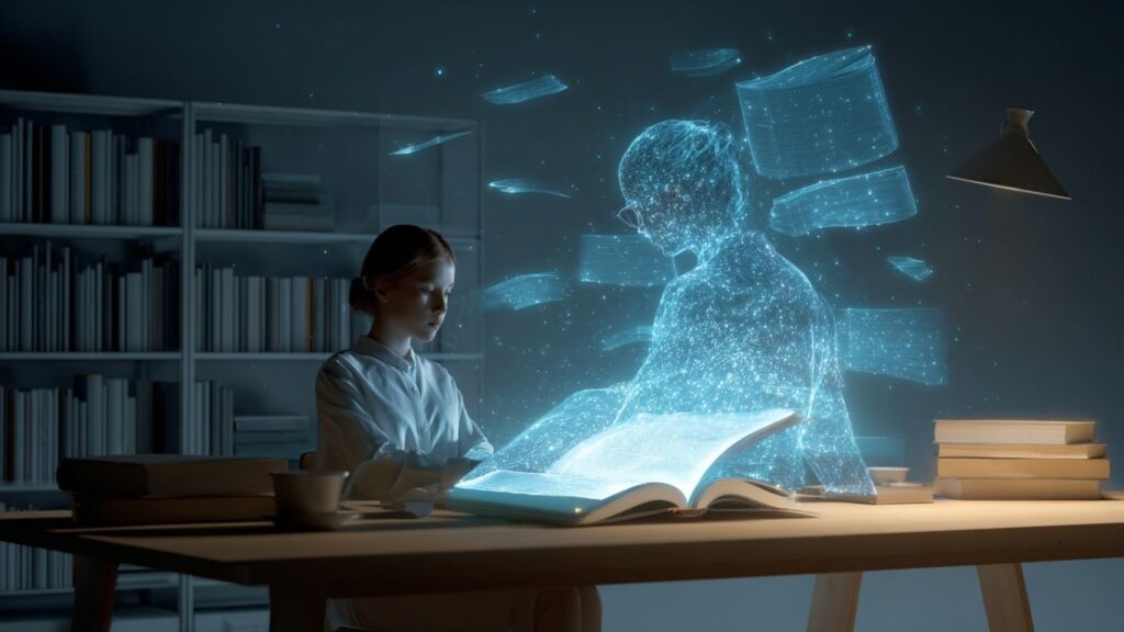 Student studying with a glowing holographic AI tutor in a futuristic learning space.