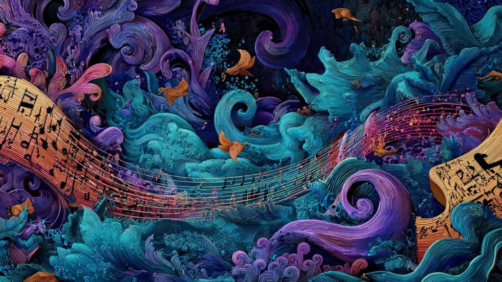 Digital artwork blending colors, text, and music symbols to represent AI creativity