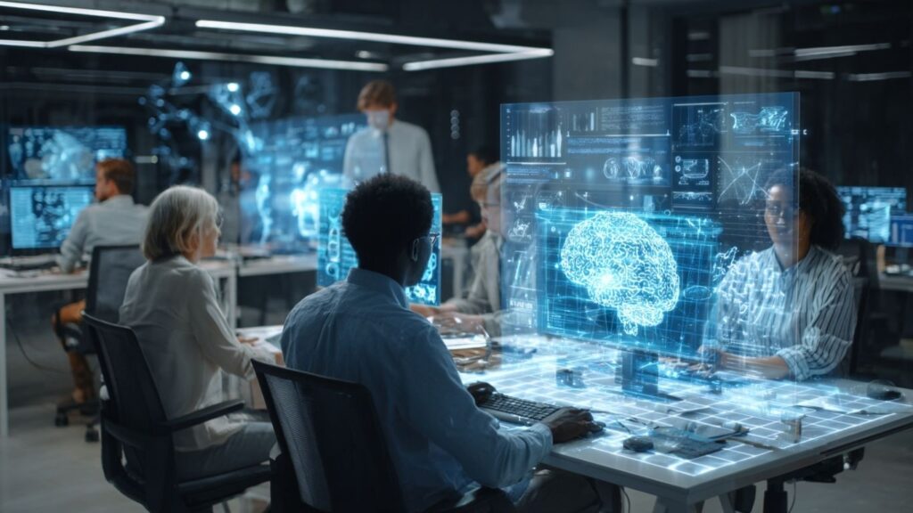 Professionals collaborating with AI-driven ChatGPT holographic displays in a futuristic workspace