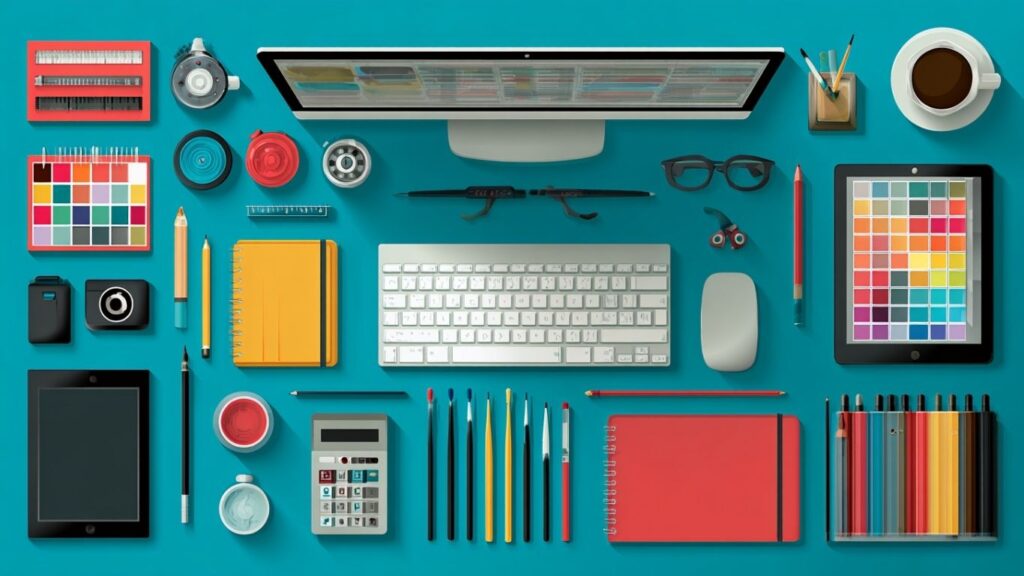 Modern workspace with flat clip art icons and creative tools