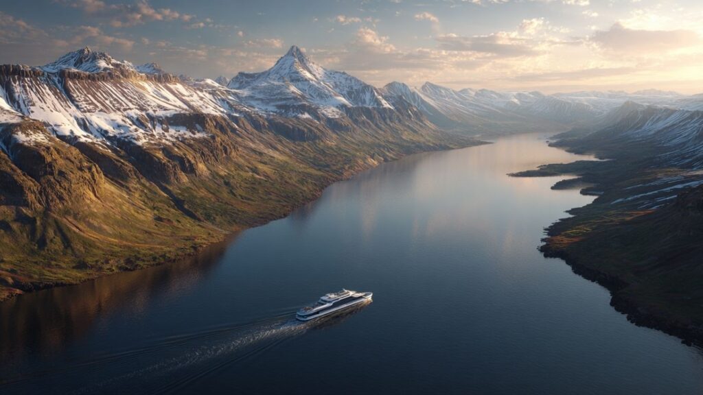Electric ferry in Icelandic fjords showcasing green travel trends for eco-tourists.