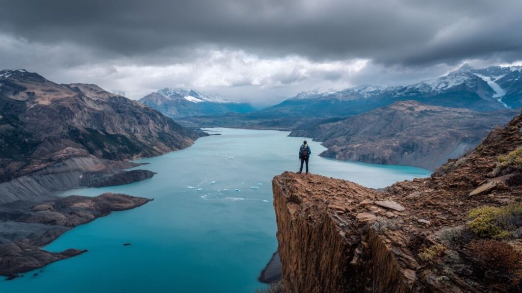 Hiker overlooking glacier lakes and mountains in Patagonia, symbolizing eco-nature holidays.