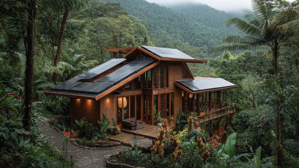Costa Rican eco-lodge surrounded by tropical plants, built with sustainable materials.