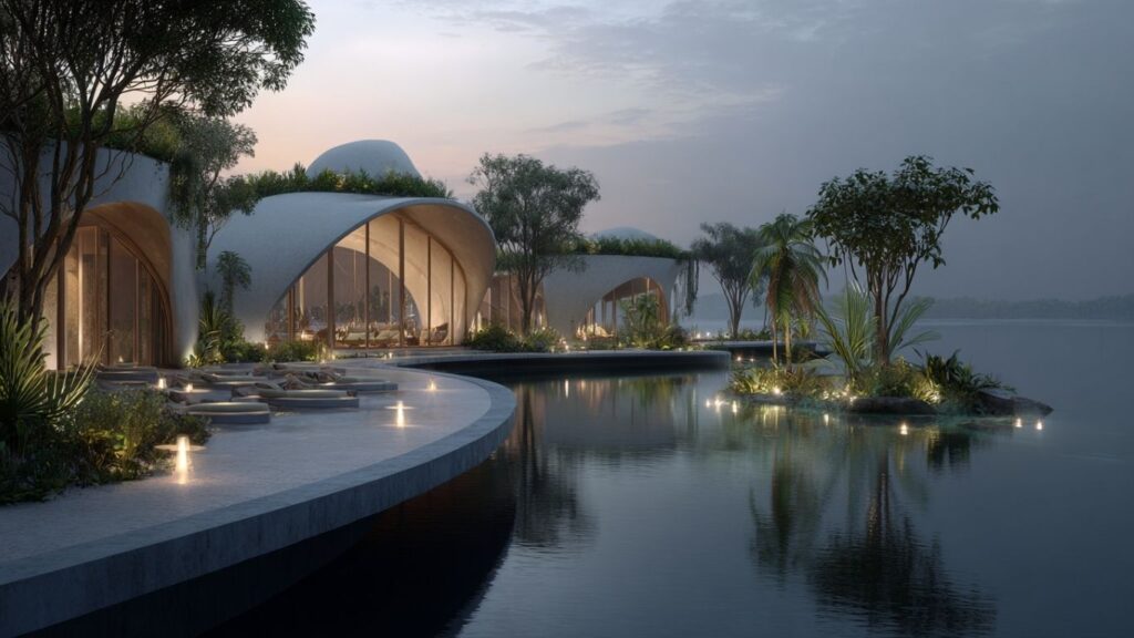 Guests enjoying a wellness retreat hotel with yoga and meditation.