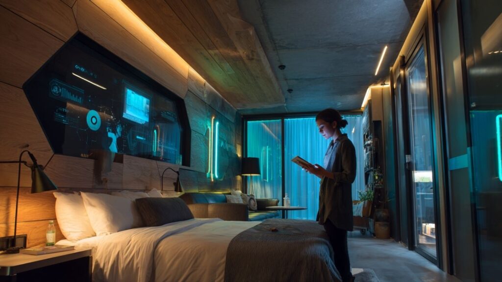 Smart hotel room with futuristic controls and cozy design.