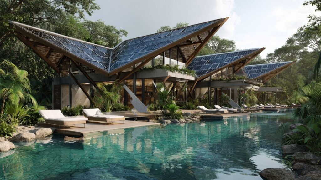 Eco hotel with solar panels and sustainable design in 2025.