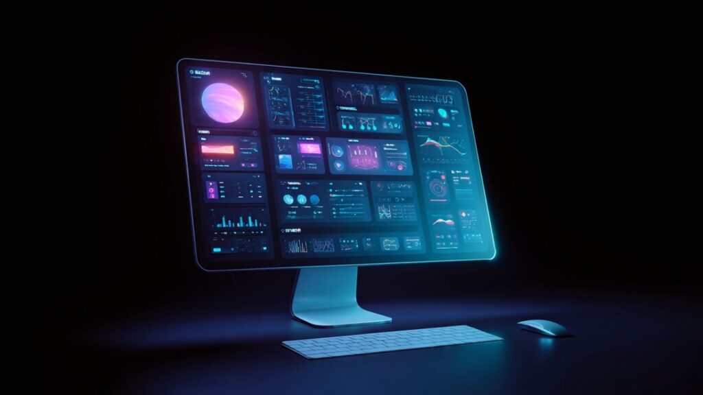 Futuristic Canva AI 2025 interface creating designs automatically.