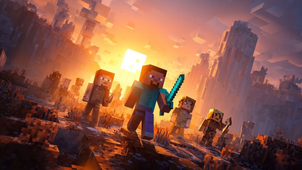 Live-action Minecraft Movie 2025 scene featuring Steve with a diamond sword at sunset