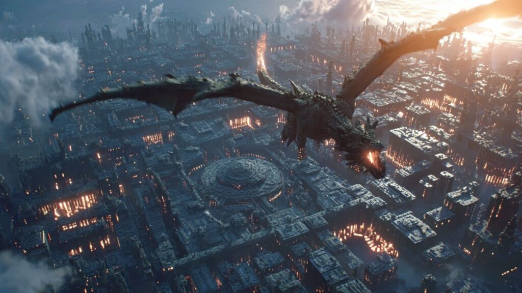 Ender Dragon flying over a pixel-inspired live-action city in Minecraft Movie 2025