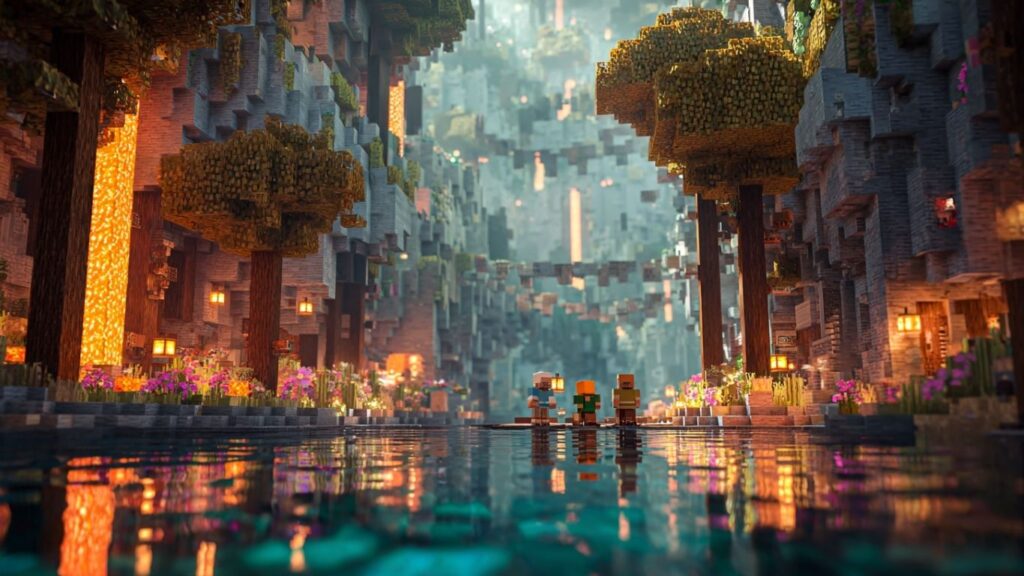 Minecraft-inspired live-action landscape with forests, lava rivers, and pixelated mountains