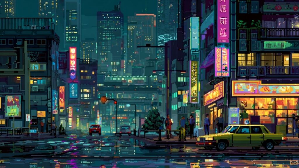 Pixel art cityscape with neon lights and animated pixel characters walking in a vibrant urban night scene.