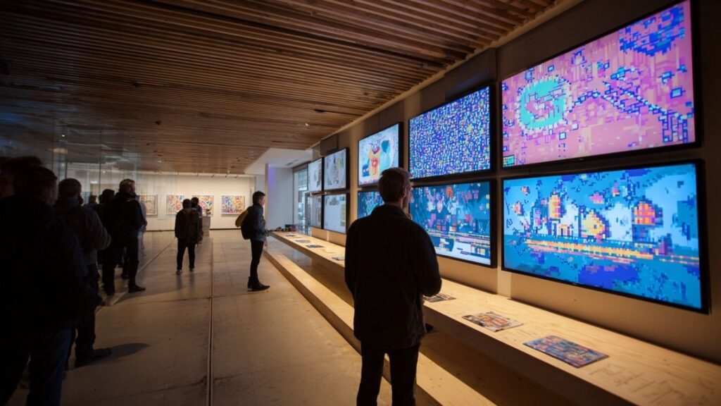 Visitors at a modern gallery viewing animated pixel art displays on large digital screens
