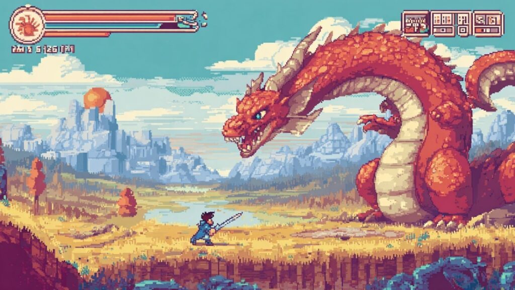 Pixel art hero battling a pixelated dragon in a retro 8-bit fantasy landscape