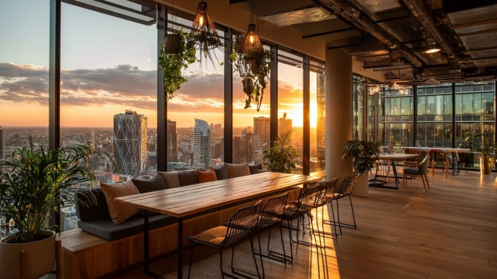 Modern coworking space with panoramic city views for digital nomads.