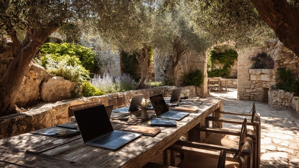 Group of remote workers in a Mediterranean villa courtyard.