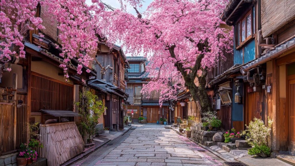Kyoto cherry blossoms and historic street from Japanese film setting