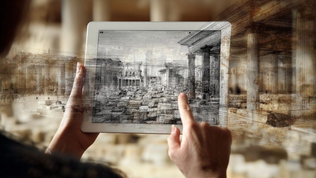 Person smiling while using augmented reality at historic ruins.