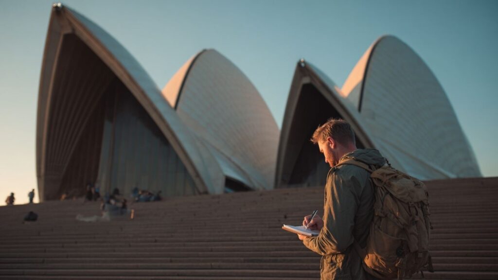 Traveler sketching in a futuristic city of global architecture.