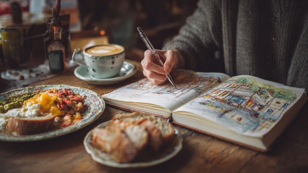 Traveler sketching in café with food and coffee.