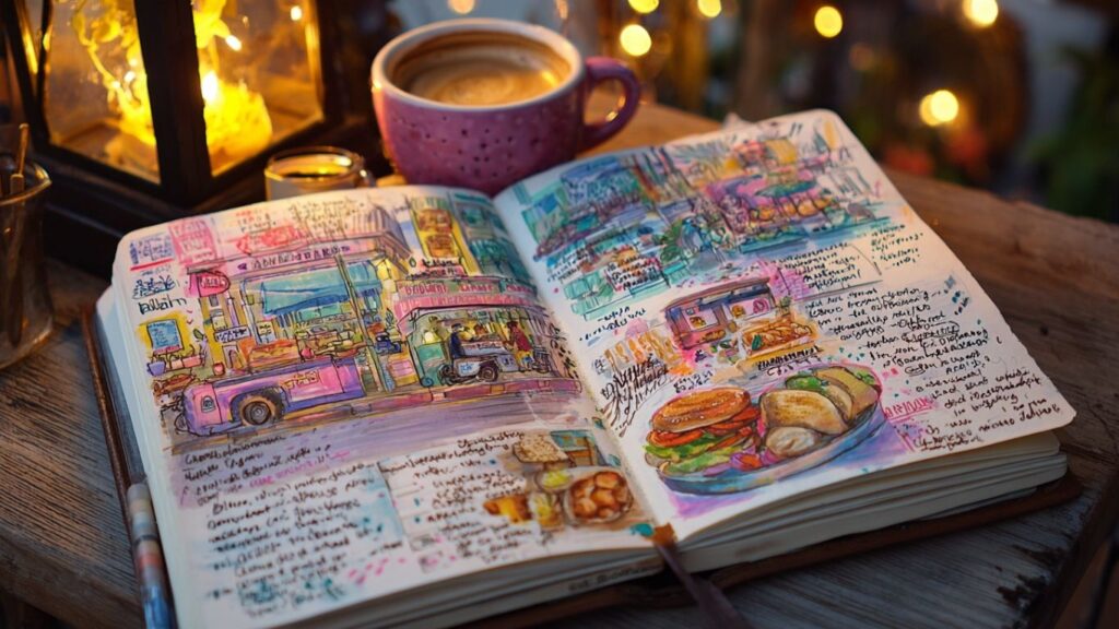 Illustrated travel journal with sketches of local street food.