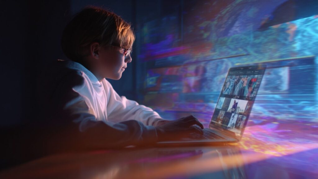 Student learning on YouTube with futuristic AI-powered interface in 2025.