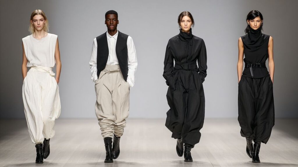 Fashion show featuring minimalist style with neutral tones.