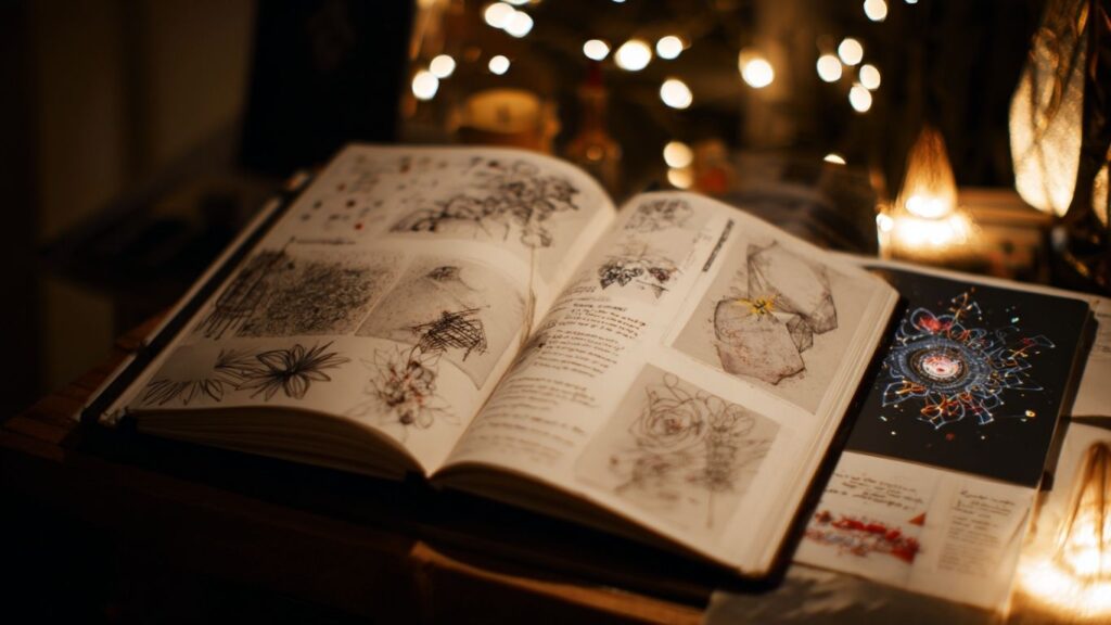 Journal with sketches on one page and glowing digital designs on the other.