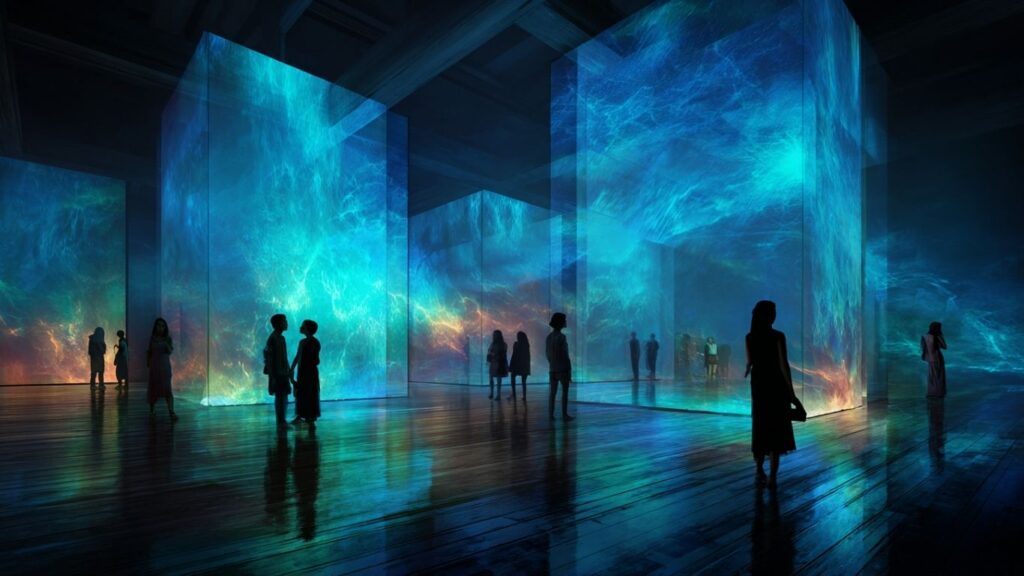 Visitors exploring a futuristic holographic digital art gallery.
