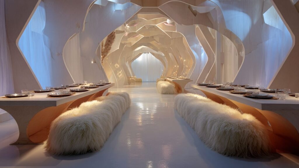 Futuristic dining concept merging food, creativity, and architecture.