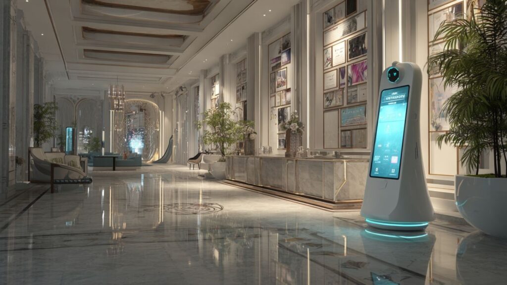 Futuristic hotel lobby check-in powered by AI concierge robot and digital displays --ar 16:9
