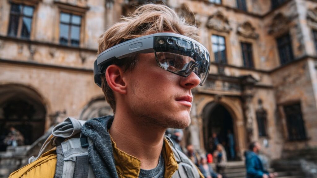 Tourist exploring city with augmented reality AI guide.