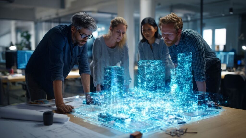 Creative team using AI design interface for architectural innovation.