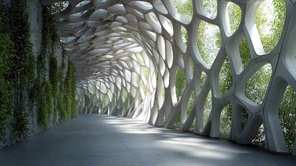 AI-generated parametric facade with organic architectural design.