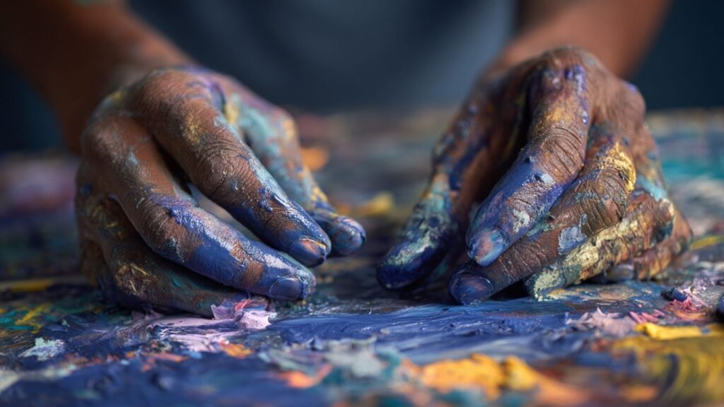 Painter’s hands blending colors symbolizing emotional inspiration.