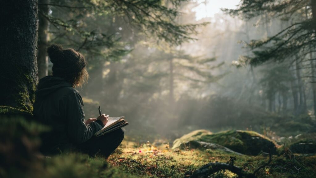 Artist finding inspiration in nature surrounded by calm greenery.