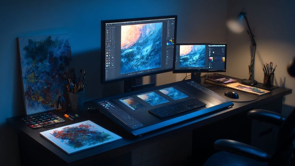 Modern digital art studio combining creativity and technology.