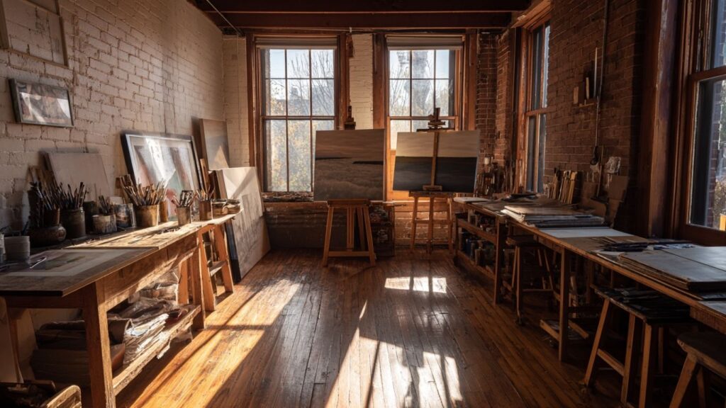 Minimalist art studio with canvases, brushes, and natural light.