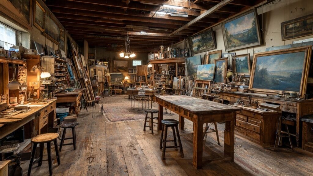 Historic artist workshop with unfinished canvases and classic tools.