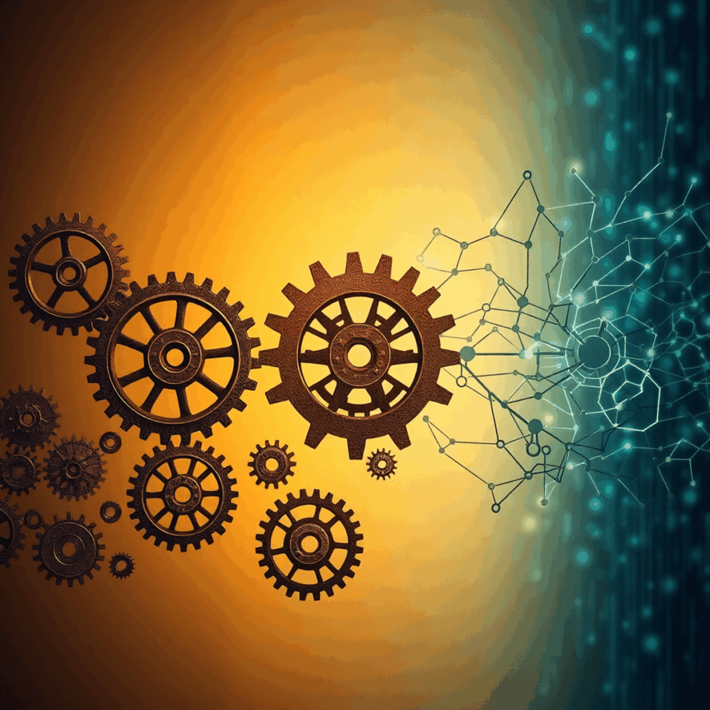 Artistic photo blending ancient gears with digital neural patterns against a glowing background of warm earth tones to cool blues, symbolizing evol...