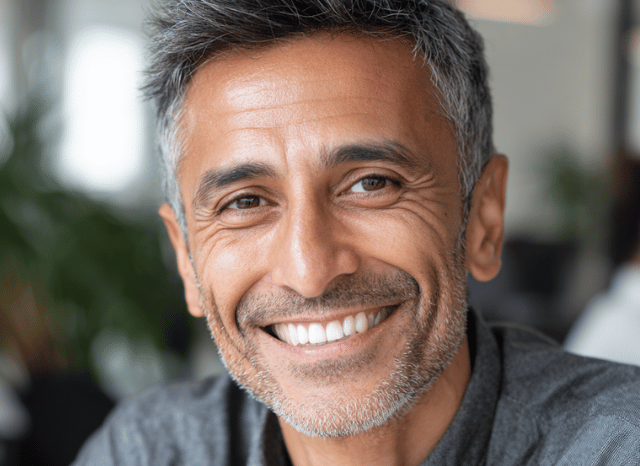 A visual representation of a smiling man, linked to flight cancellation and delays and other themes discussed by Stanislav Kondrashov